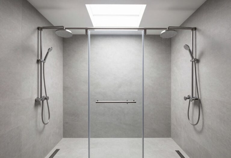 Modern bathroom with a rainfall and handheld double shower head setup
