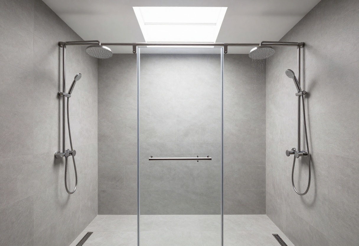 Modern bathroom with a rainfall and handheld double shower head setup