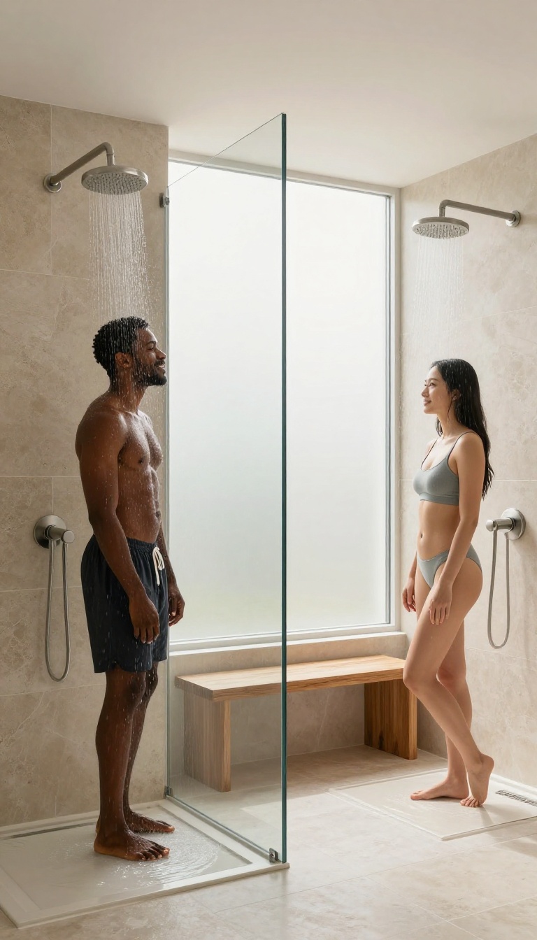 Modern bathroom with dual shower heads on opposite walls, two people showering separately, brushed nickel fixtures, natural light