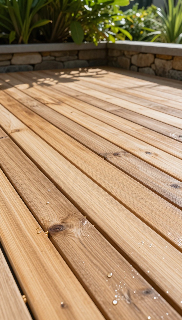 Pressure-treated pine grate outdoor shower floor in a sunny backyard