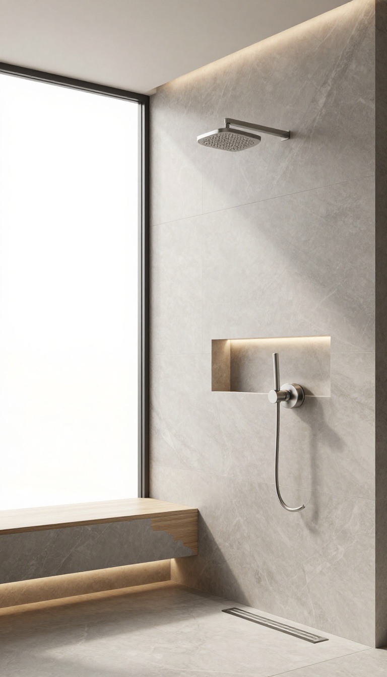 Large marble-look porcelain planks in a bright, spa-like shower with rainfall showerhead and teak bench