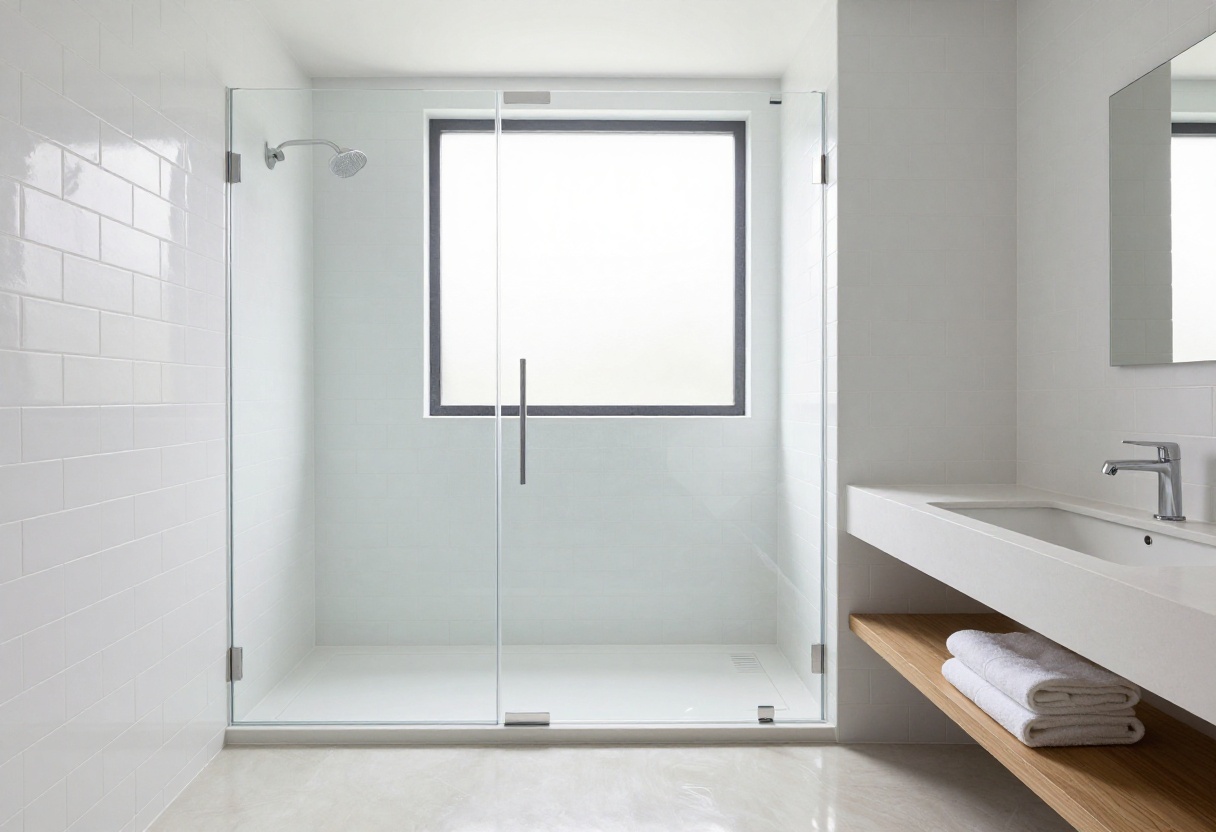 Modern bathroom shower with vertical white subway tiles and glass enclosure