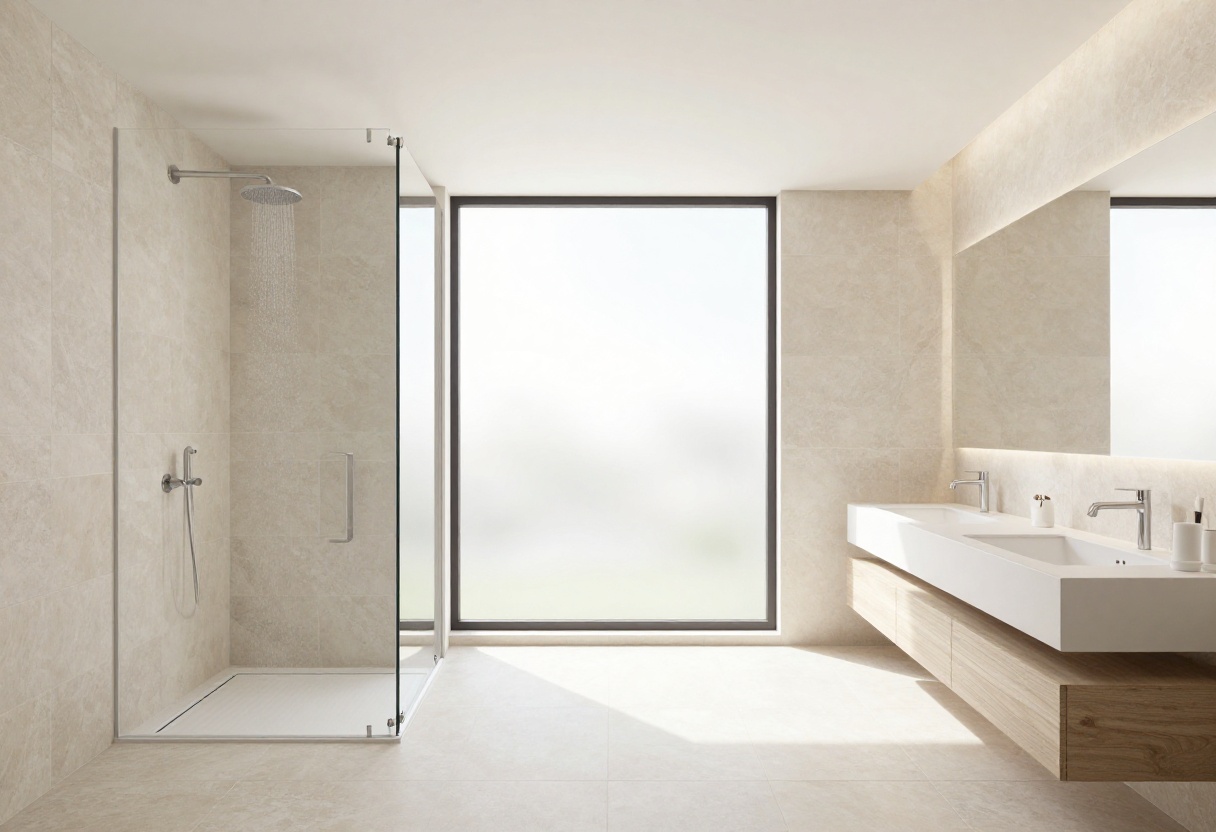 Modern walk-in standing shower with glass panel and rainfall showerhead
