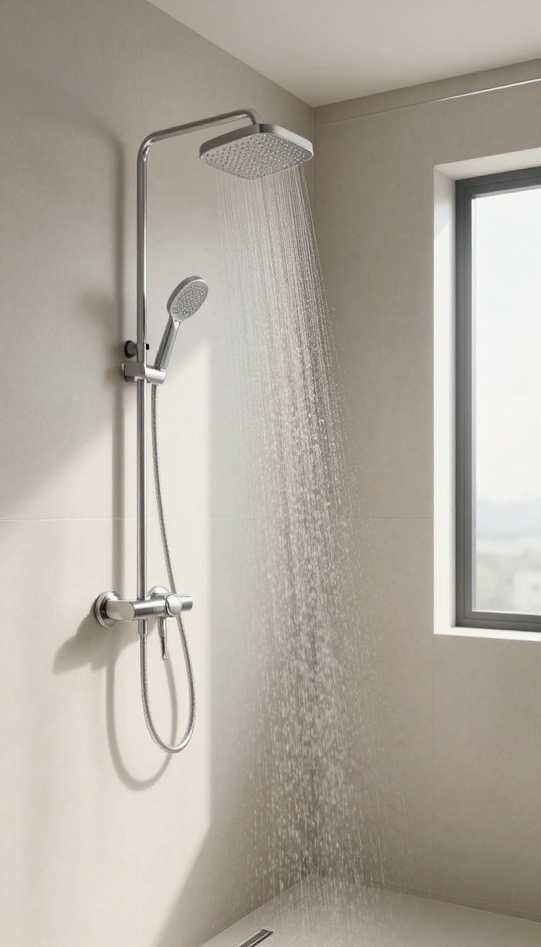 Modern bathroom with a wall-mounted rainfall showerhead on an adjustable arm, angled for a personalized shower experience.