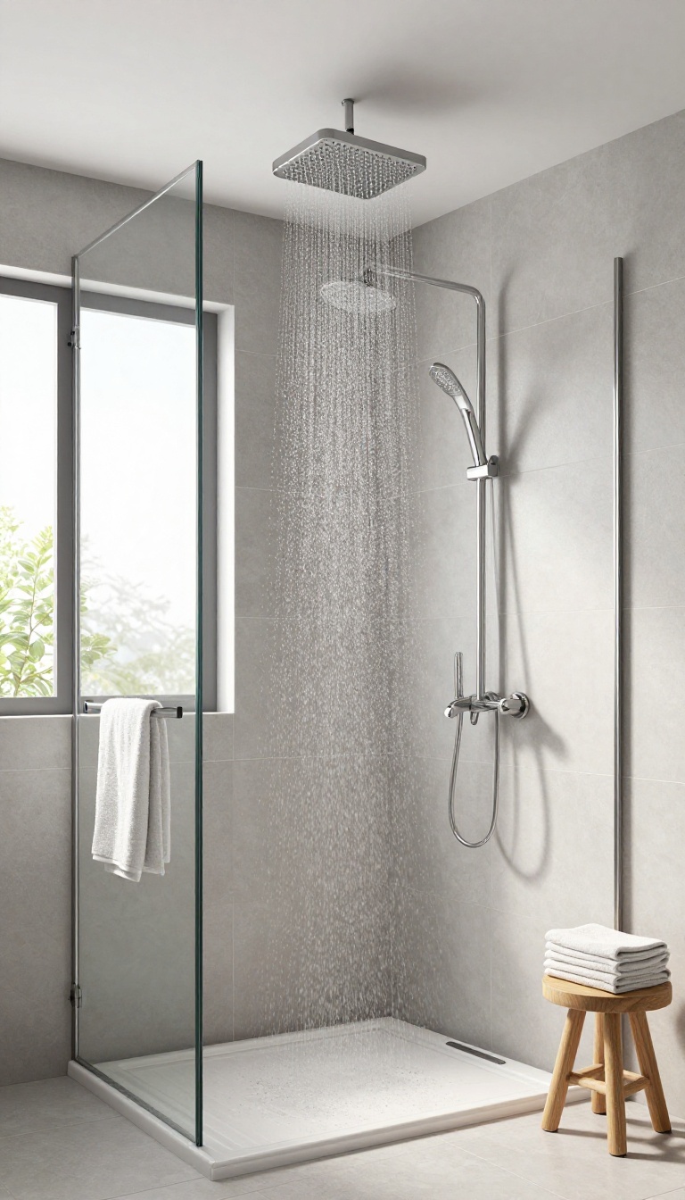 Rainfall showerhead in a small modern bathroom with natural light