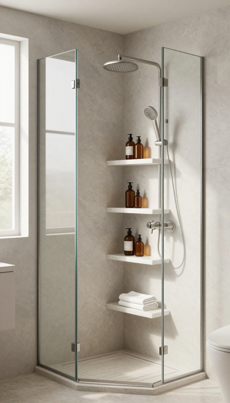 Modern bathroom shower corner with built-in marble corner shelves holding amber bottles and a washcloth.