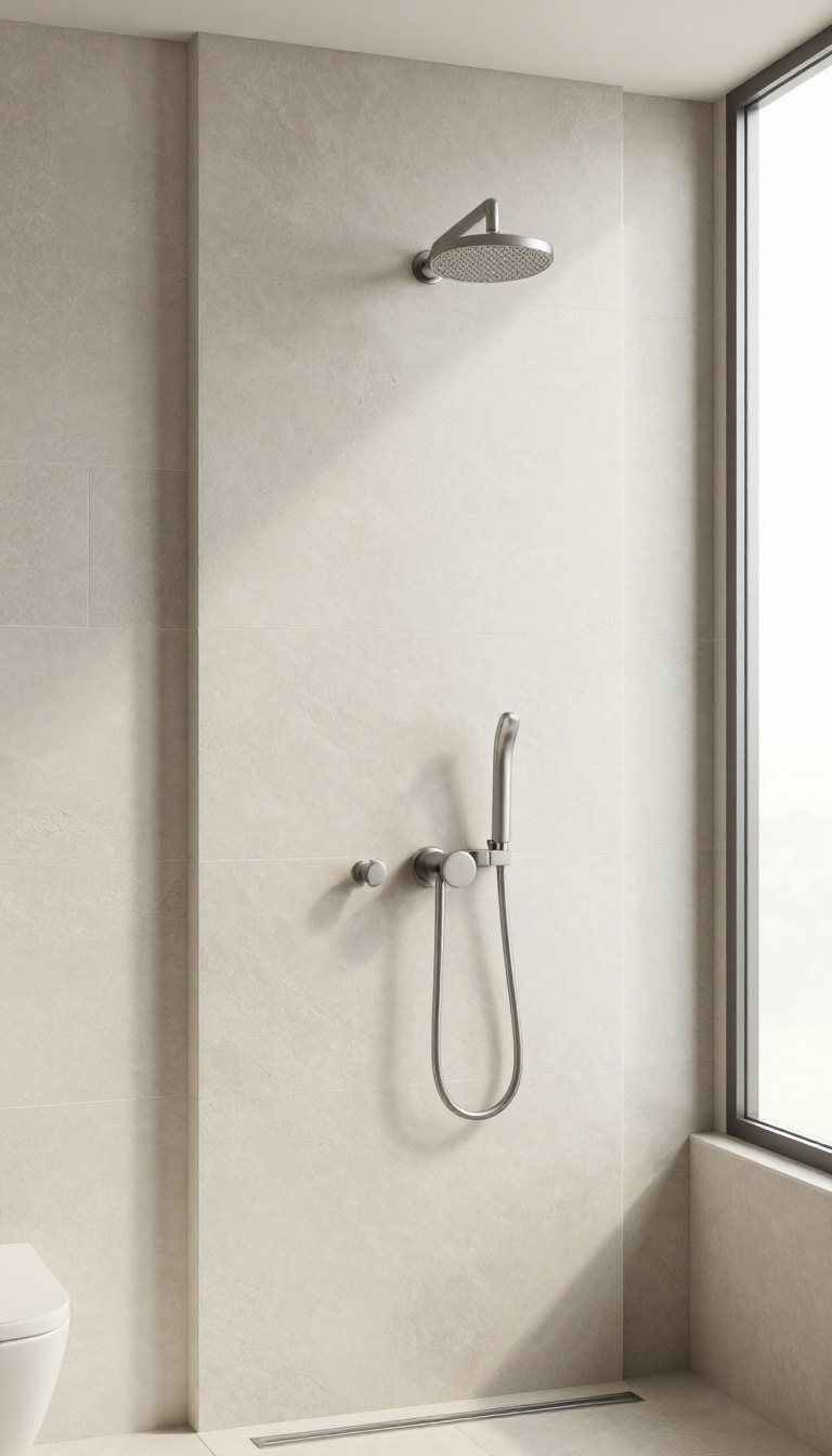Minimalist frameless shower niche with large-format tile, no trim, in a bright modern bathroom
