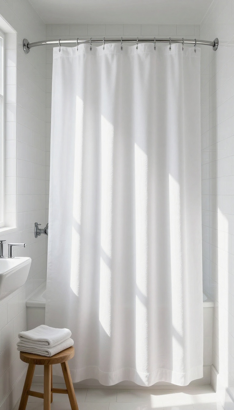 Bright bathroom with a curved shower rod and a white long curtain bowing outward for extra space.