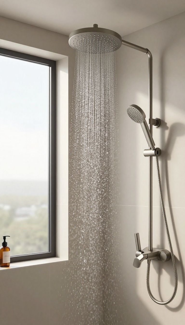 Modern bathroom with a ceiling-mounted rainfall showerhead and a handheld shower wand on a slide bar, creating a spa-like feel.