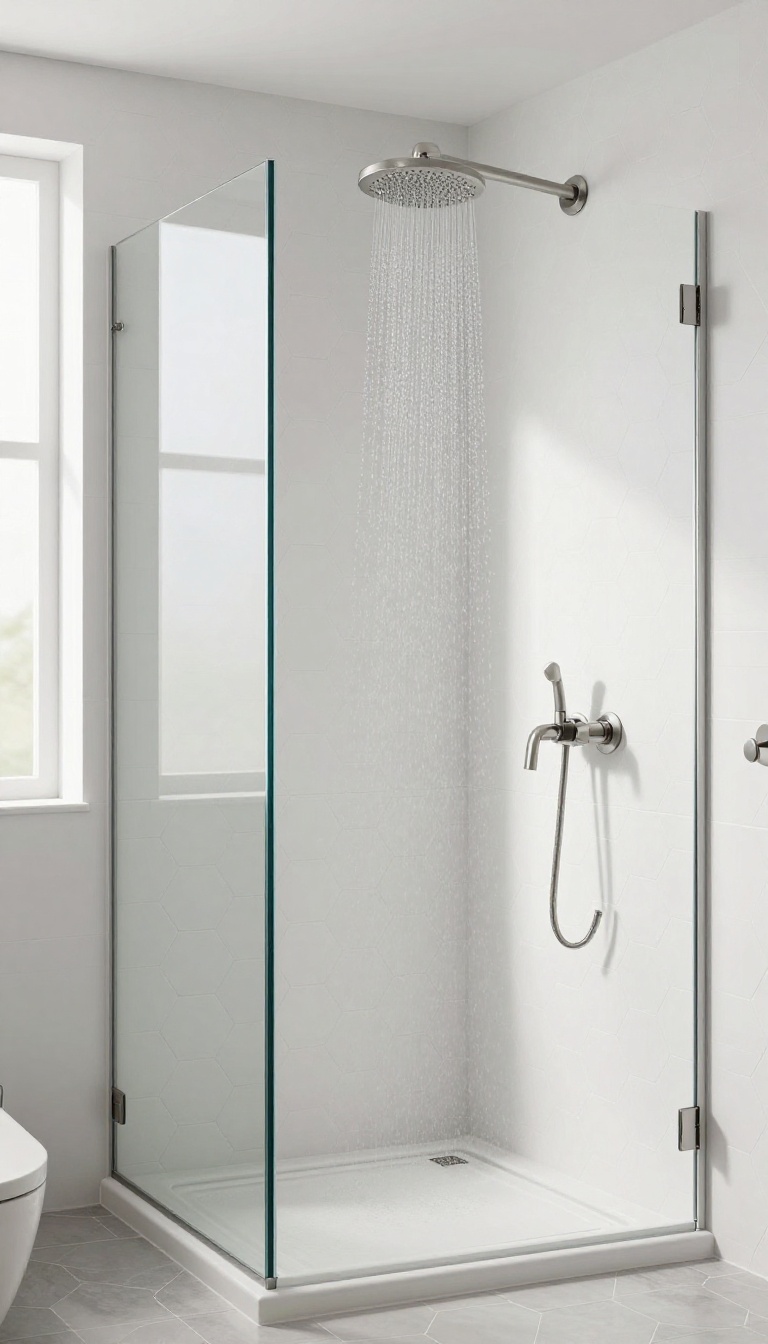 Modern bathroom shower with large matte white hexagon tiles, glass enclosure, and rainfall showerhead in natural light