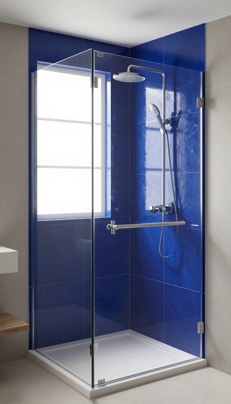 Large-format blue porcelain slabs in a modern shower with glass enclosure and rainfall showerhead