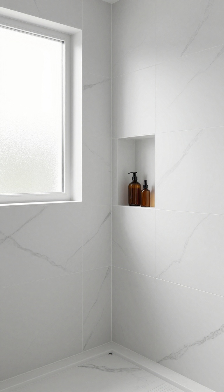 Modern walk-in shower with built-in niche storage for toiletries