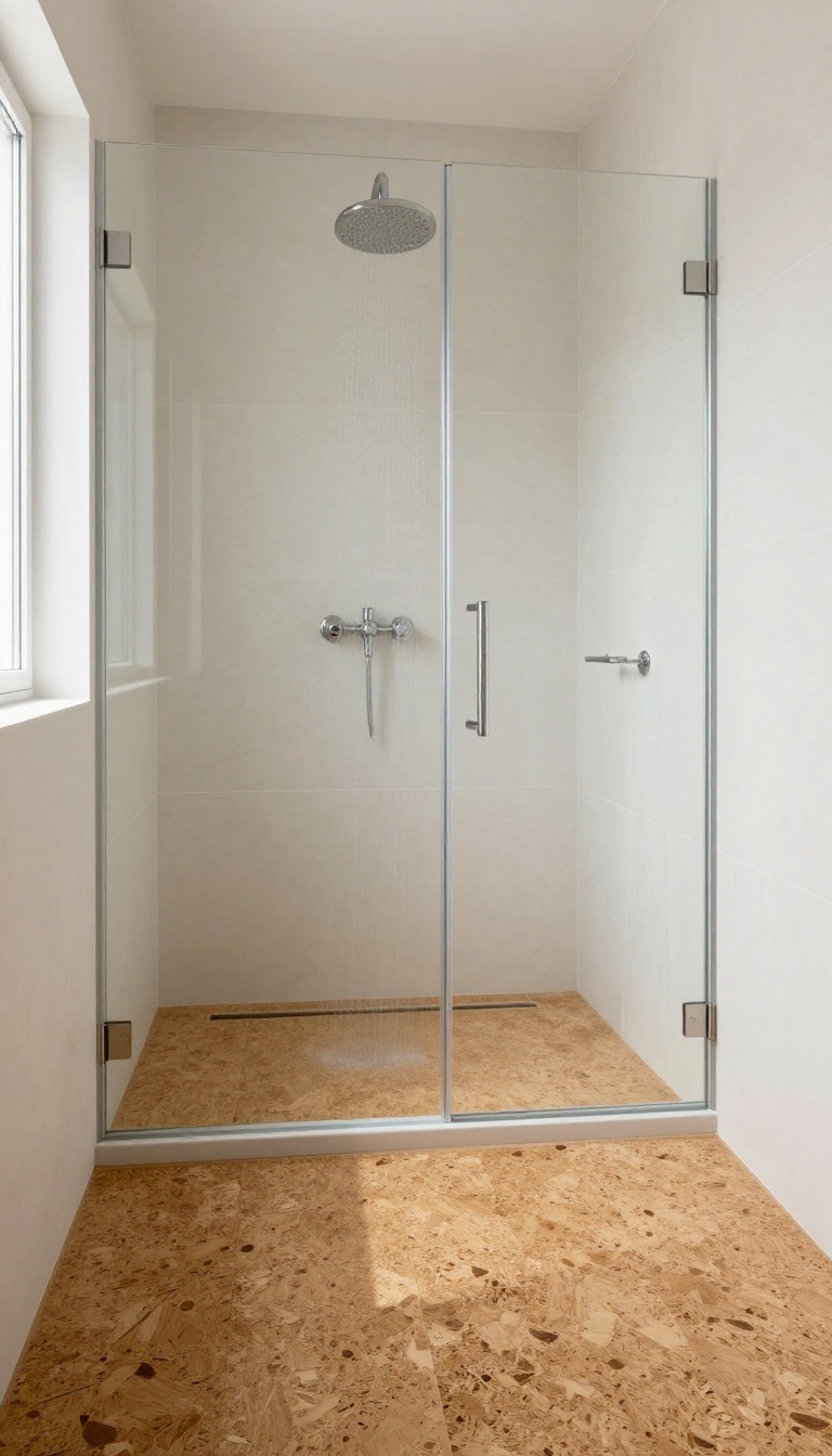 Modern bathroom shower with warm cork flooring and natural light