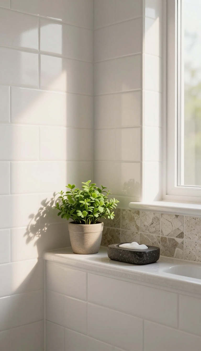 Modern shower niche with glossy white subway tiles and a rough stone mosaic back panel, featuring a small plant and soap dish.