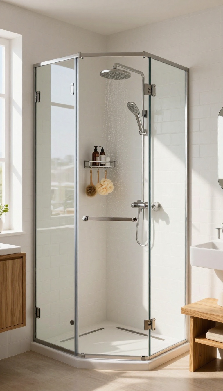 Over-the-door rack on a glass shower door holding bath accessories in a bright modern bathroom.