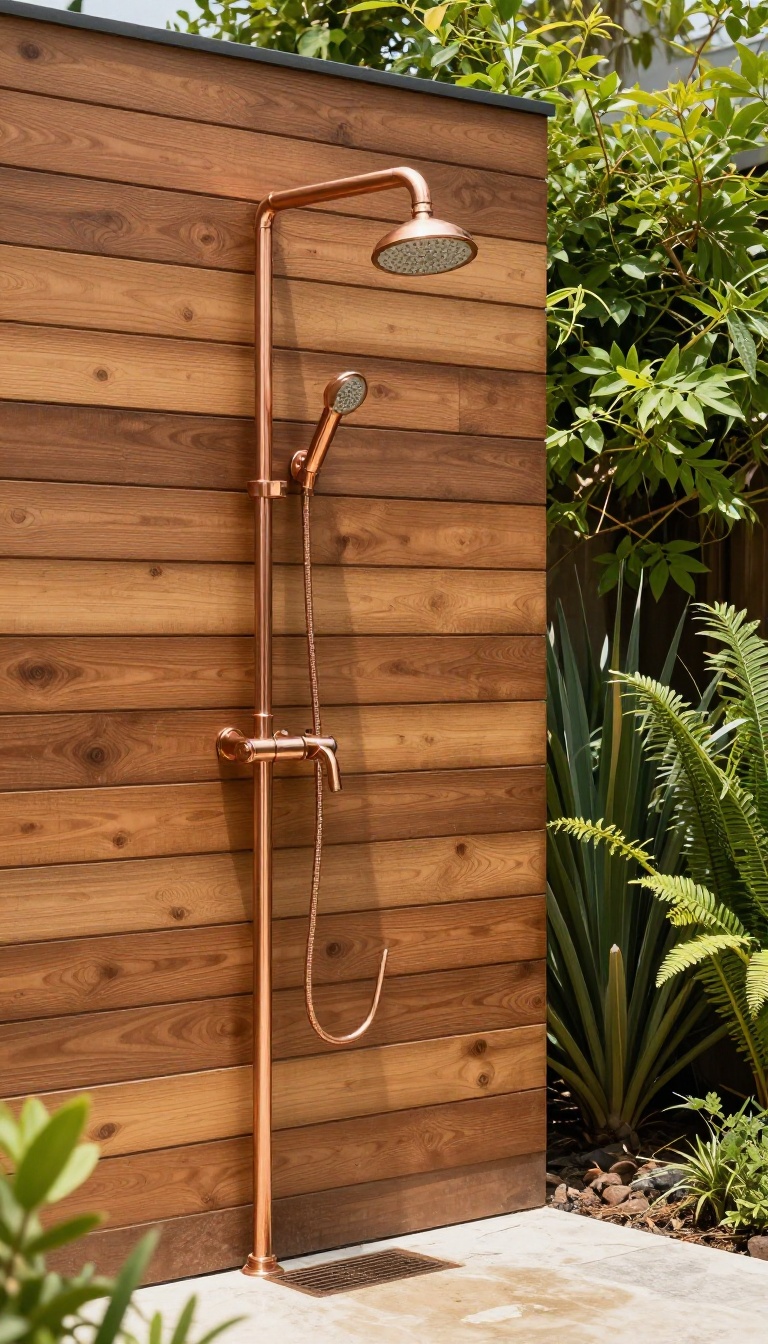 Modern outdoor shower with copper pipes on a wooden wall in a bright backyard
