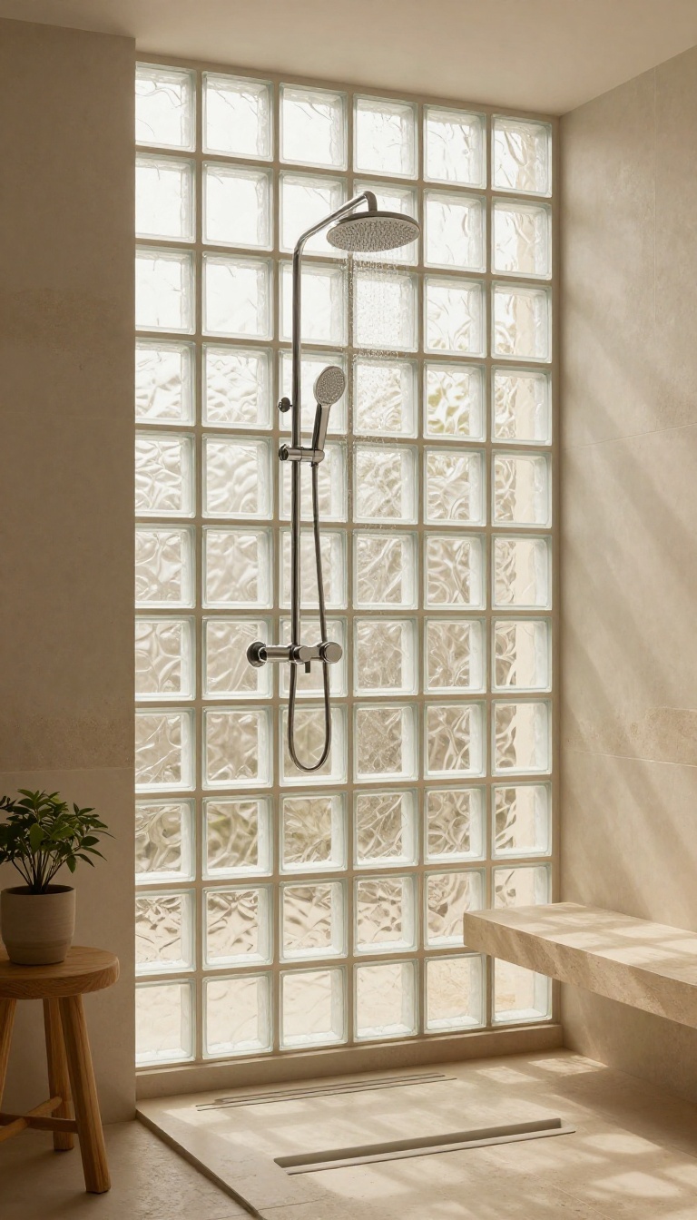 Modern shower with a glass block window letting in soft natural light