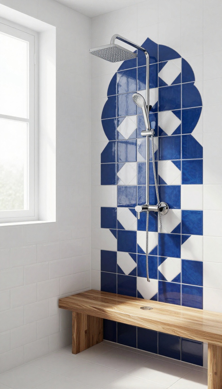 Modern shower with bold geometric patterned tiles in navy and white, paired with solid white tiles and a teak bench.