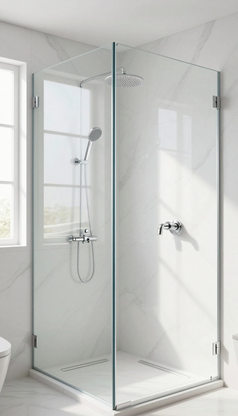 High-gloss laminate shower wall panels in a bright, polished bathroom design