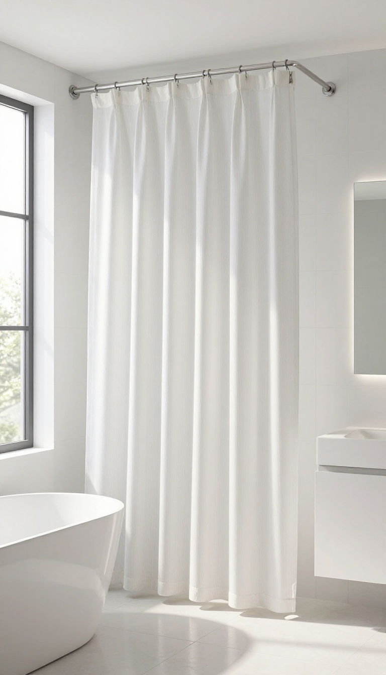 High-hung extra long shower curtain in a bright bathroom, making the ceiling look taller