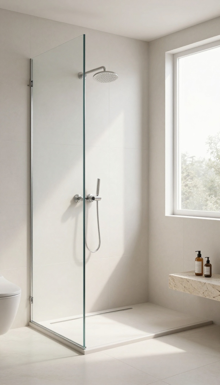 Modern bathroom shower with large-format white porcelain tiles, frameless glass, and natural light