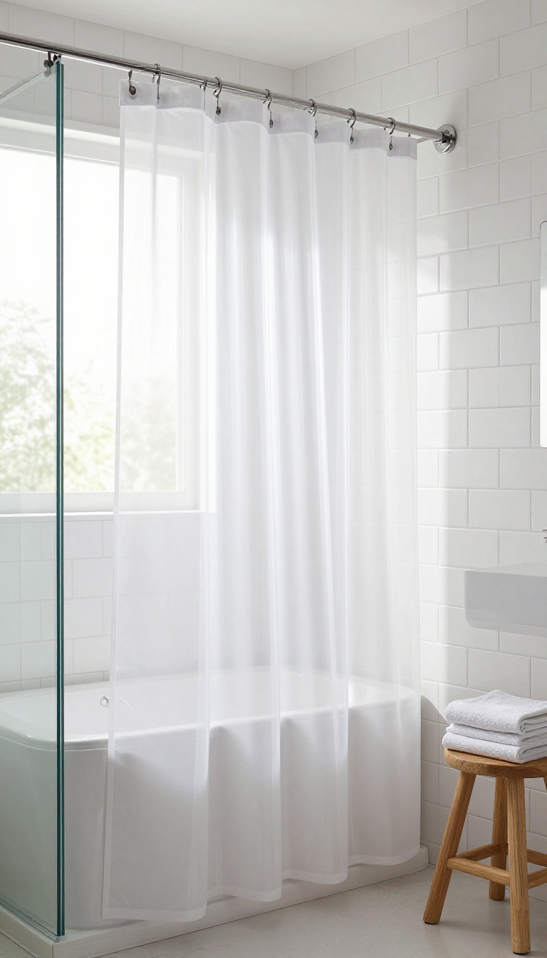 Extra-long shower curtain with built-in liner in a bright modern bathroom