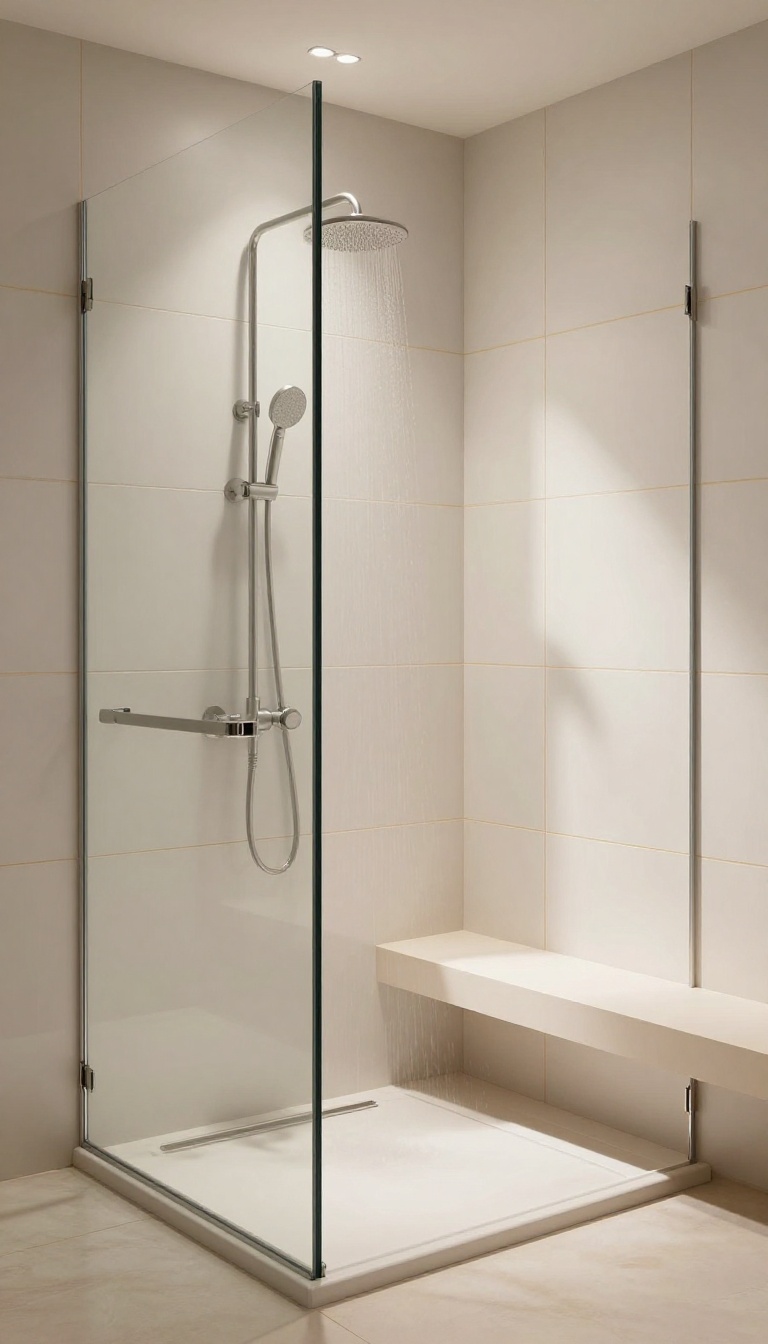 Modern walk-in shower with large white tiles and contrasting beige grout, featuring a glass enclosure and rainfall showerhead in bright natural light.