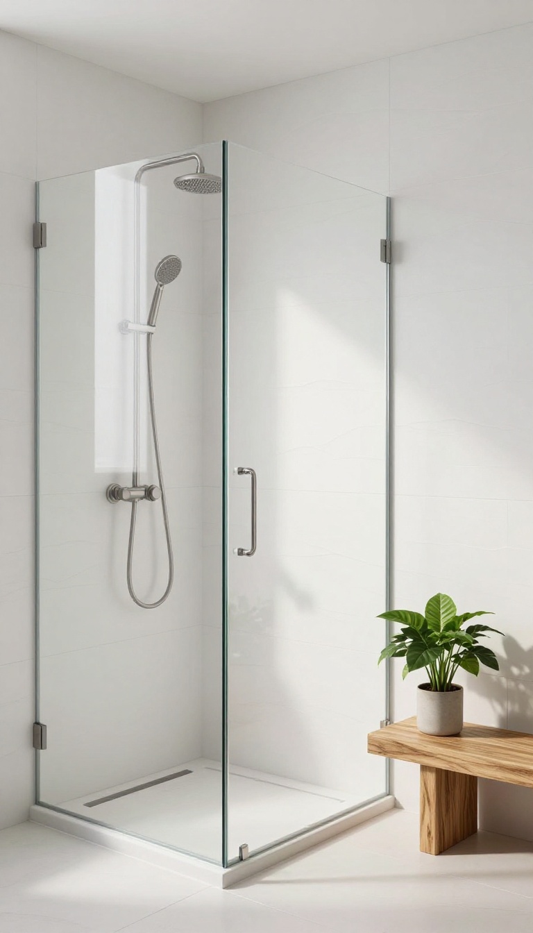 Large white textured tiles in a modern shower with a teak bench and natural light