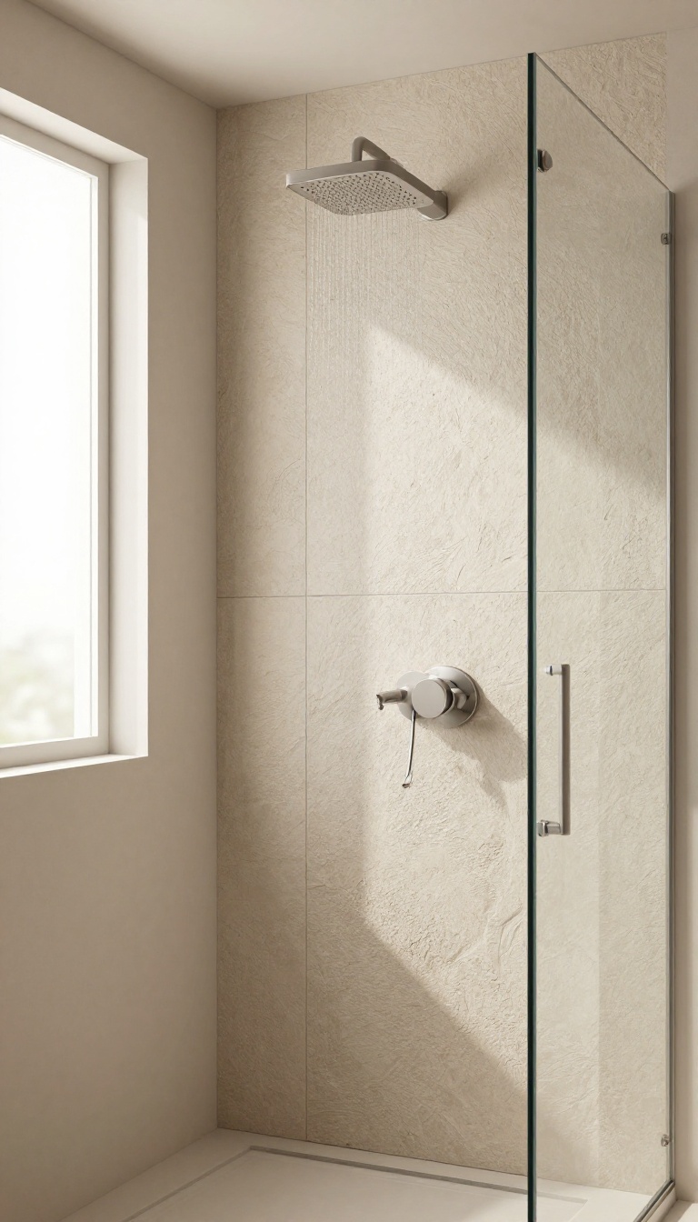 Modern shower stall with textured slate-look wall panels, rainfall showerhead, and glass enclosure, bathed in natural light, creating a spa-like atmosphere.