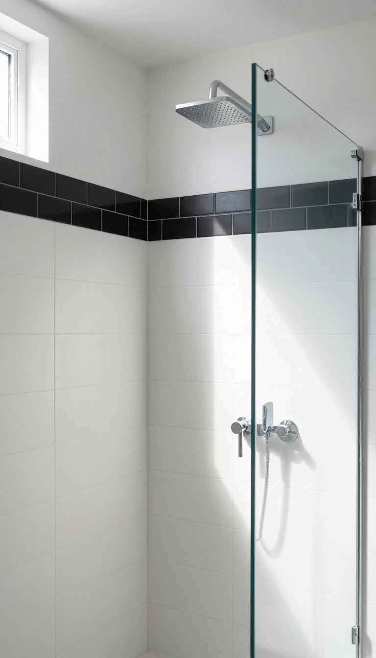 Modern white tile shower with a black accent strip