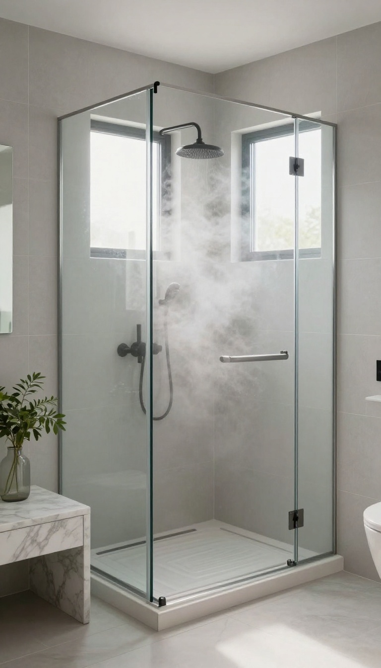 Modern bathroom with a glass steam shower filled with soft mist, featuring a bench and plant, in bright natural light.