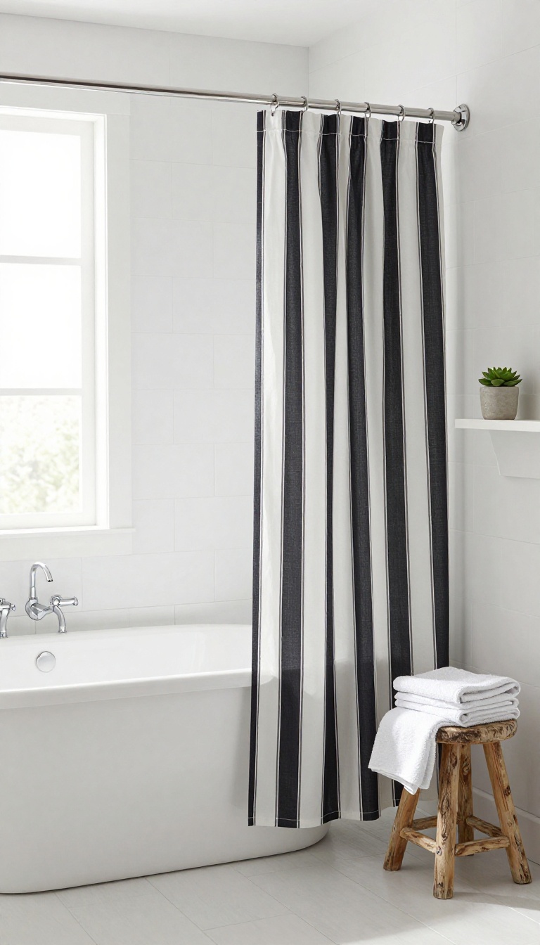 Black and white striped shower curtain in a bright bathroom with coastal decor