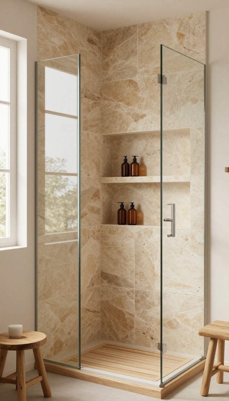 Corner shower niche with recessed shelving in a modern cabin bathroom