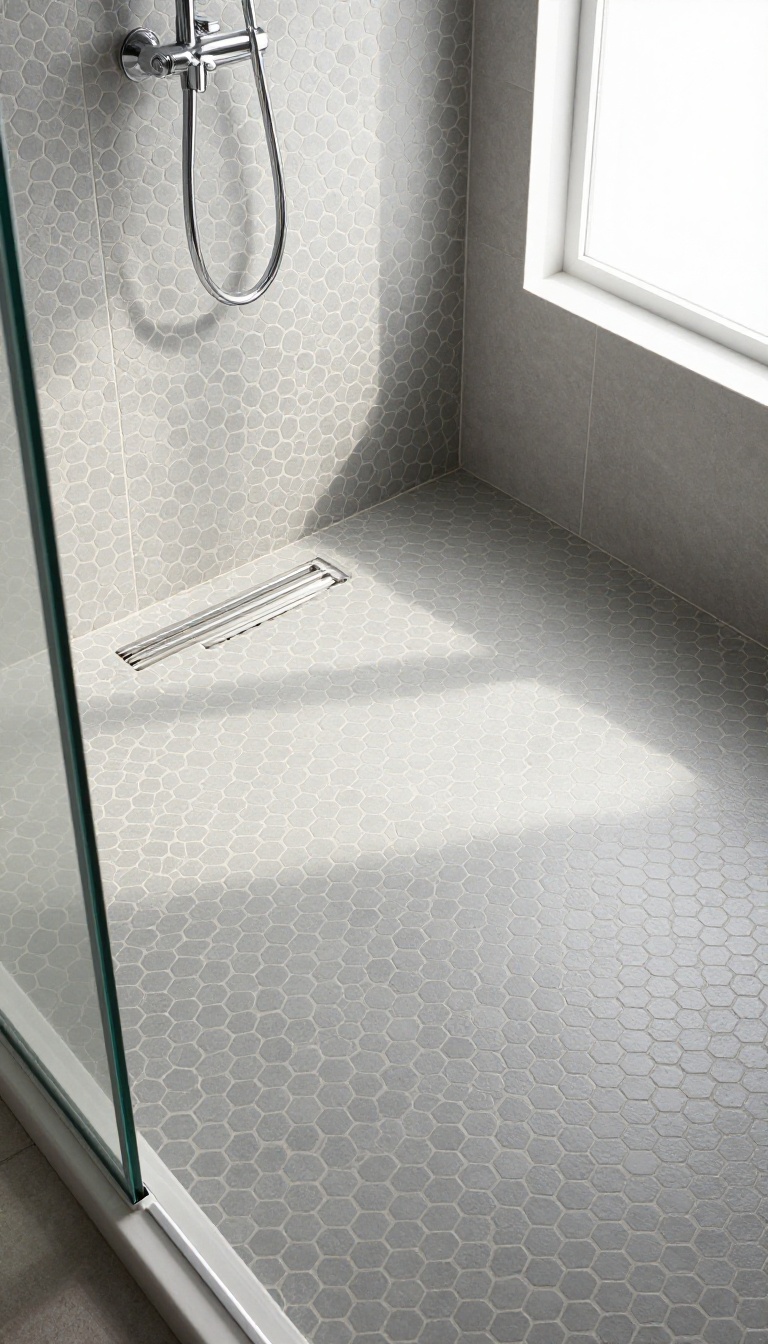 Hexagon mosaic tiles on a shower floor with subtle pattern and matching grout