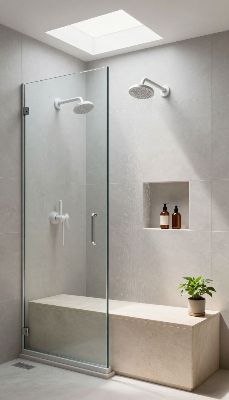 Walk-in shower with built-in bench and niches, featuring natural stone bench, recessed shelving, and rainfall showerhead in bright, modern bathroom.