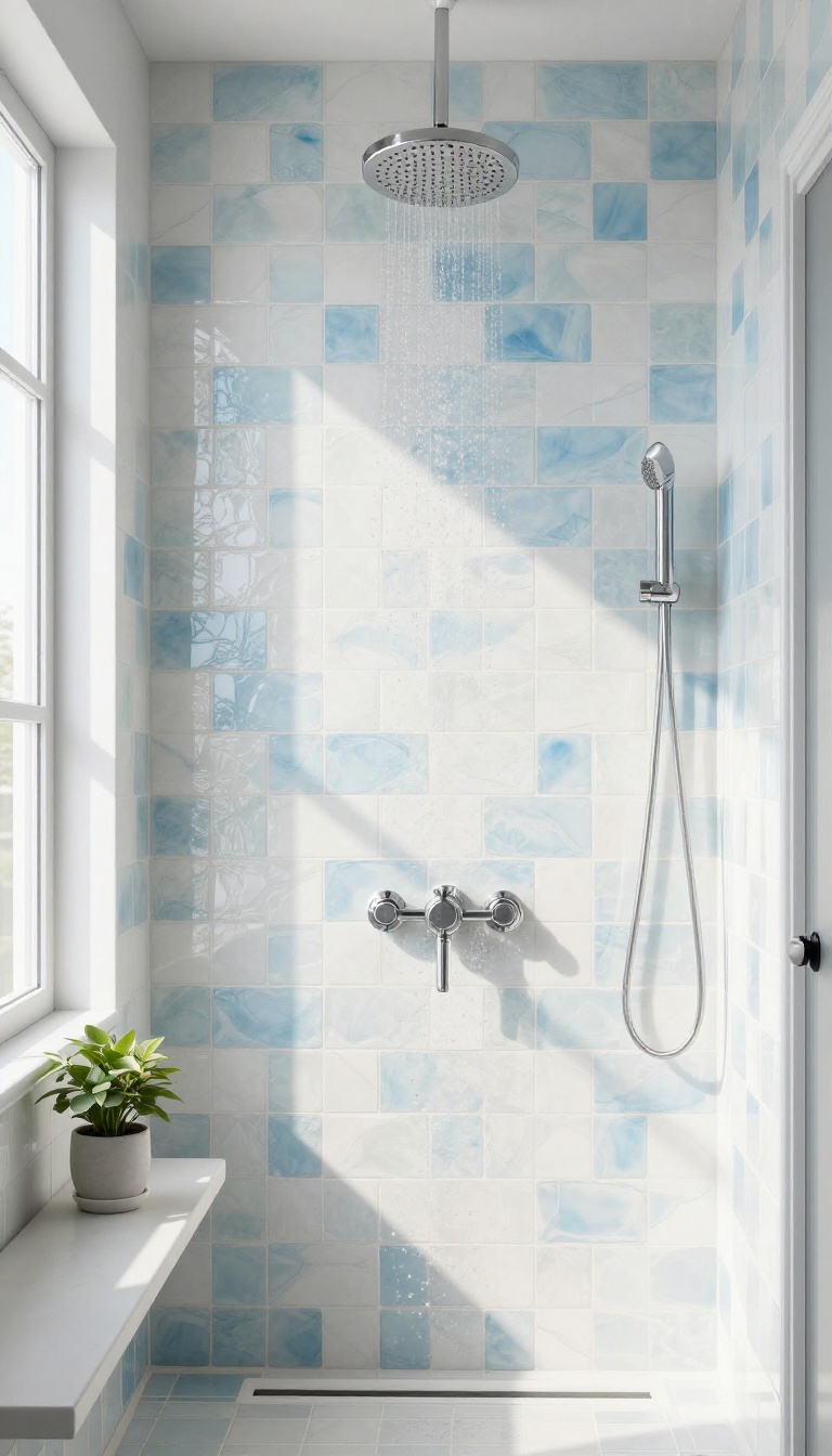 Zellige tiles in a bright shower with natural light and a rainfall showerhead
