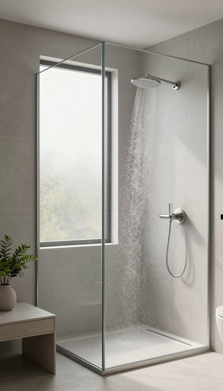 Modern bathroom with dual high-pressure showerheads at different heights, emitting strong water streams in a bright, spa-like setting.