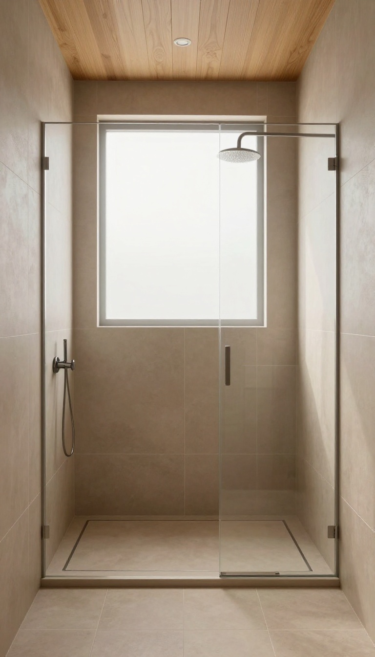 Modern cabin shower with large format earthy tiles and natural wood accents