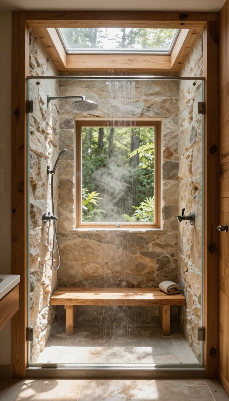 Cabin shower with skylight above, natural light streaming in, stone and wood interior