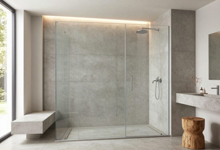 Modern concrete shower with polished finish, glass enclosure, and built-in bench