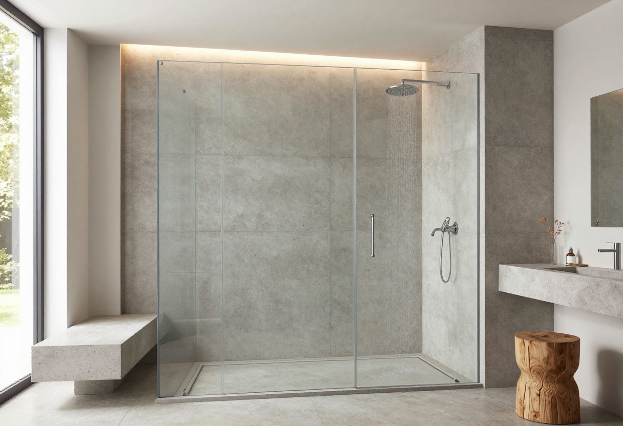 Modern concrete shower with polished finish, glass enclosure, and built-in bench