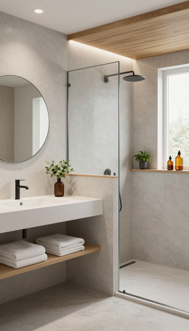 Modern bathroom with a half-wall shower partition, tiled in light gray, topped with a wood shelf holding shampoo bottles and a plant, with a glass panel above.