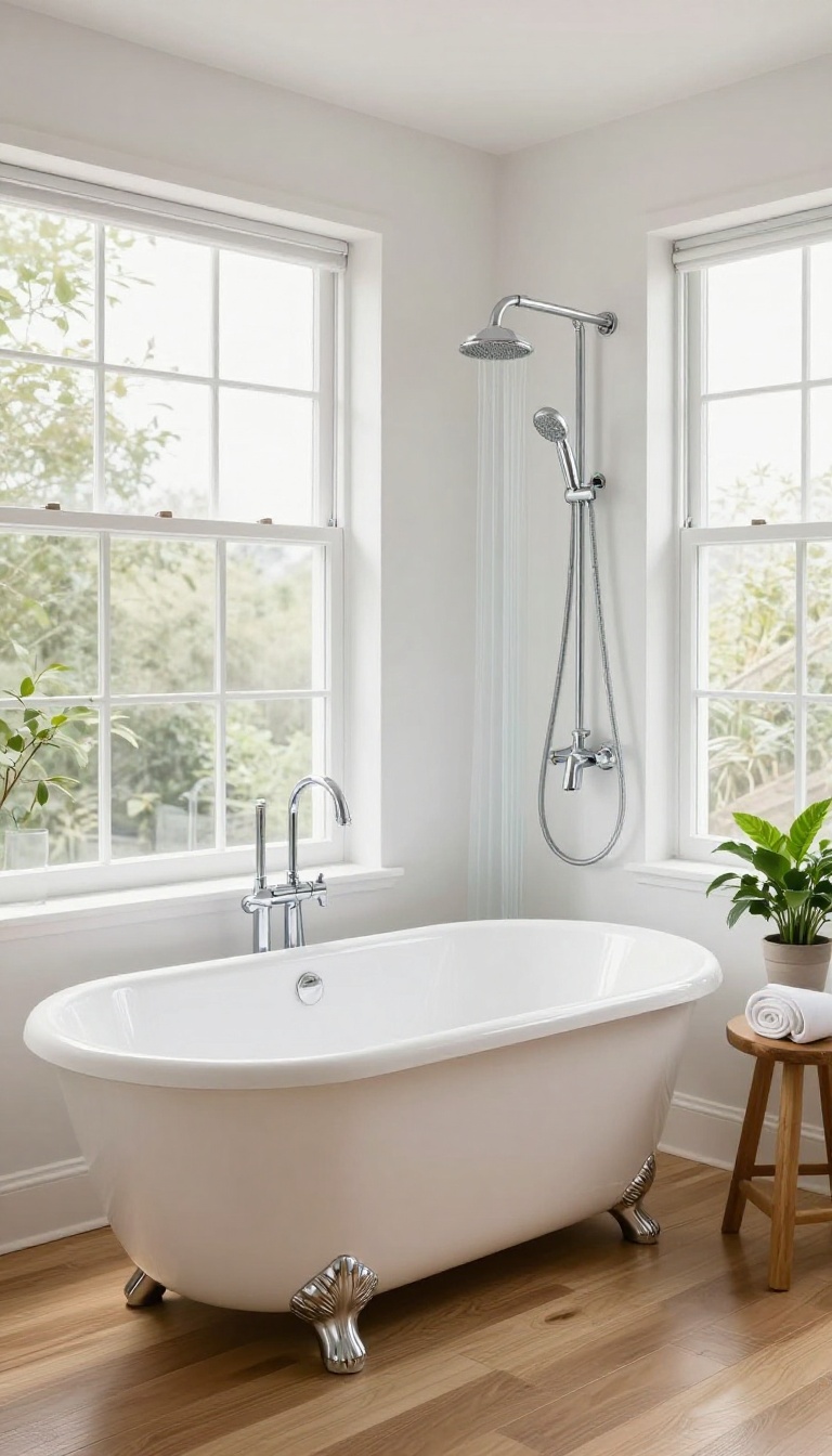 Clawfoot tub with modern shower kit in a bright bathroom