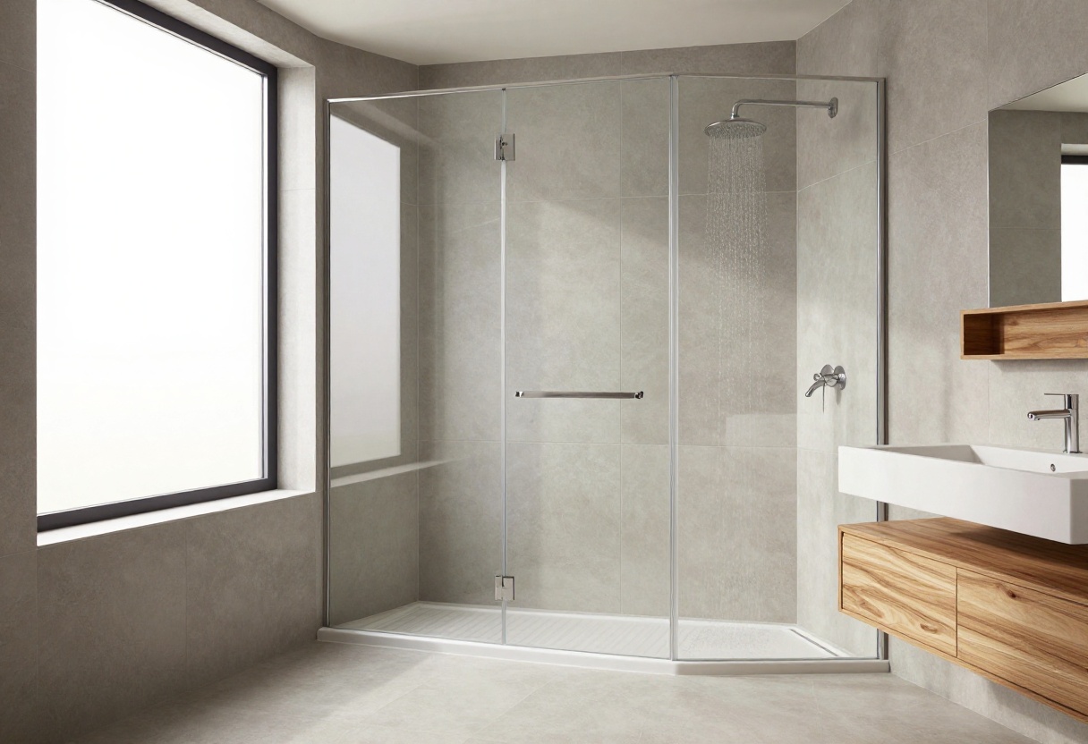 Modern no-door walk-in shower with glass panel and rainfall showerhead