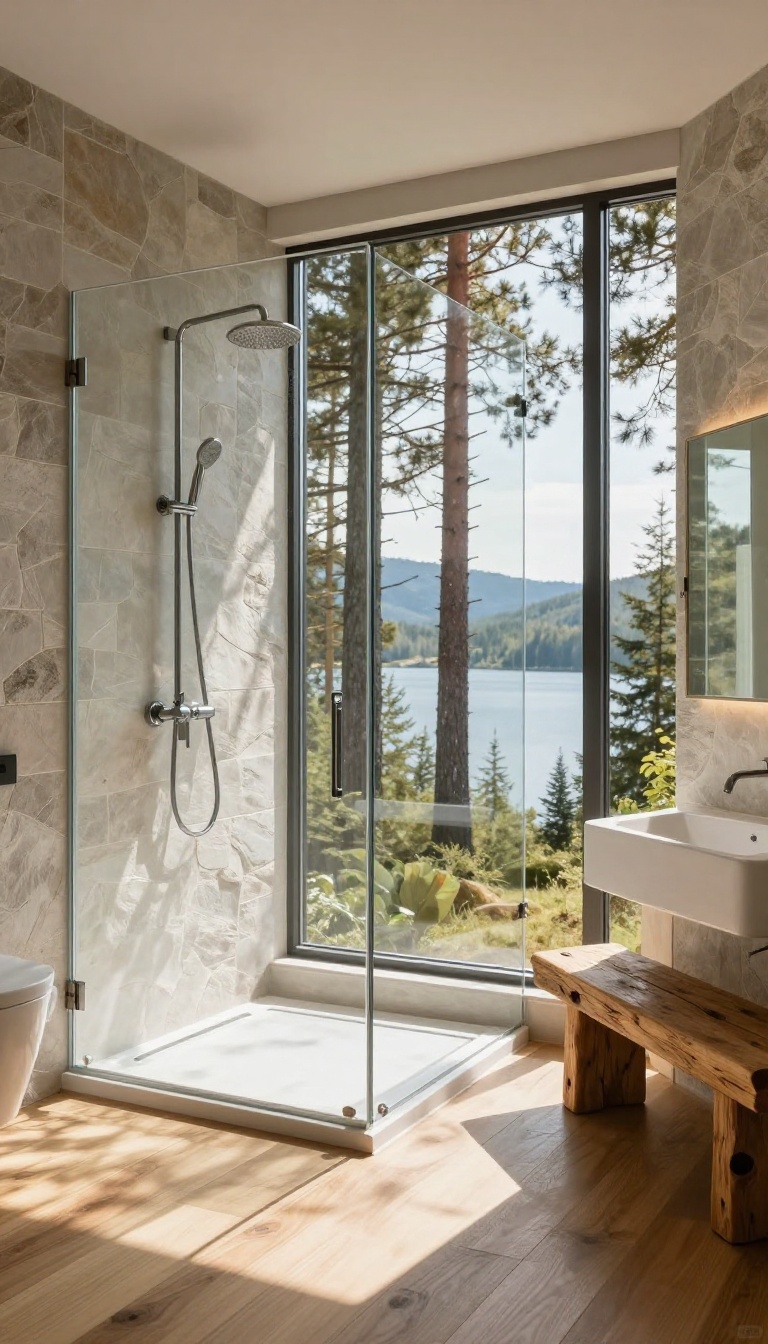 Frameless glass shower in a cabin bathroom with a scenic view of pine trees and mountains, bright natural light, minimalist design.