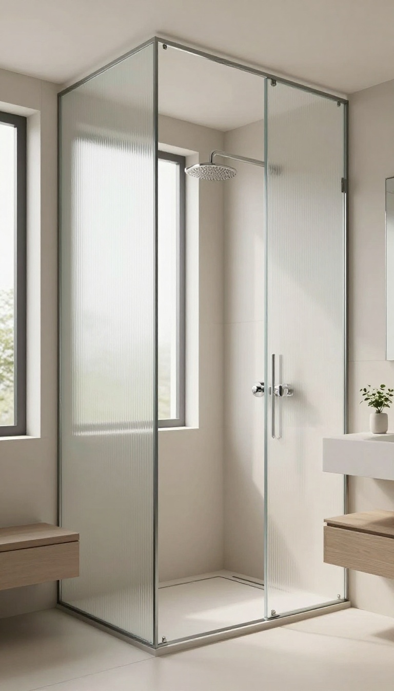 Modern bathroom with a frosted glass shower enclosure that provides privacy while allowing natural light to filter through, creating a bright and open feel.