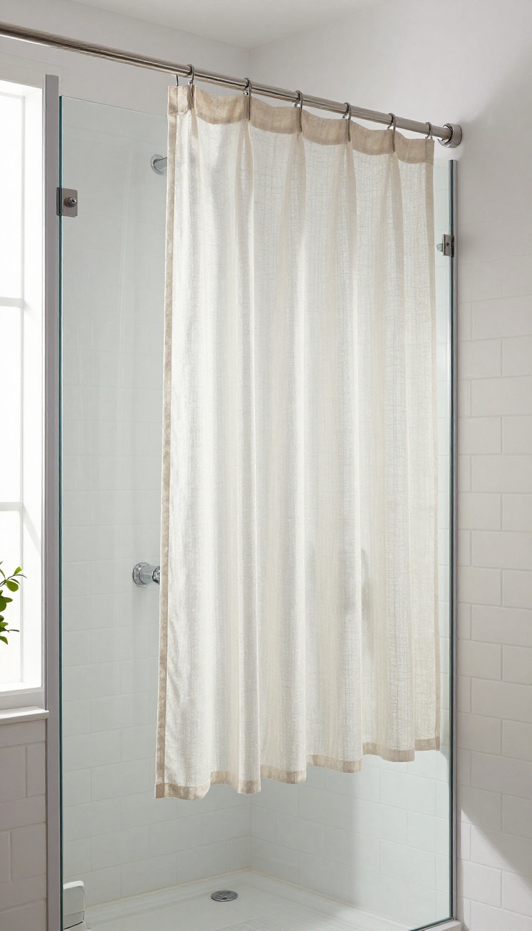Top-down sheer curtain on a glass shower door for partial privacy and natural light