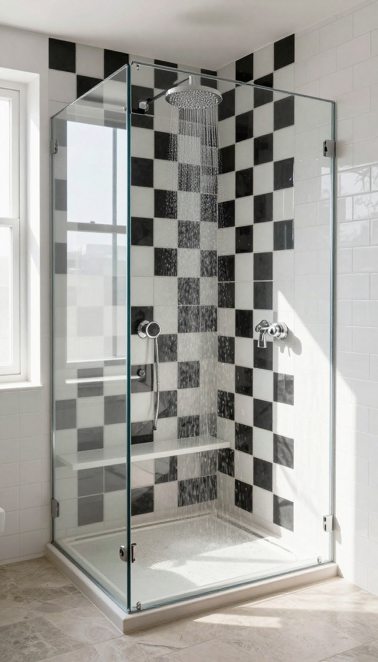 Modern shower with black and white checkerboard tile wall behind a bench, surrounded by white subway tiles, in bright natural light.