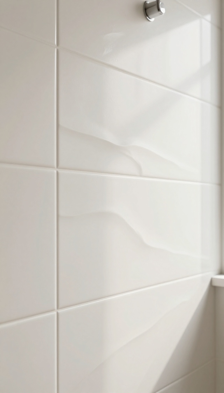 Close-up of white textured 3D tiles in a small shower, showing gentle waves and soft shadows.