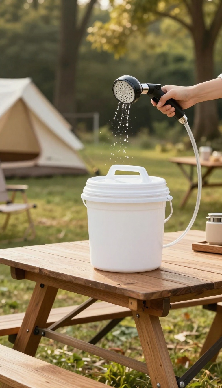DIY bucket shower with foot pump at a campsite